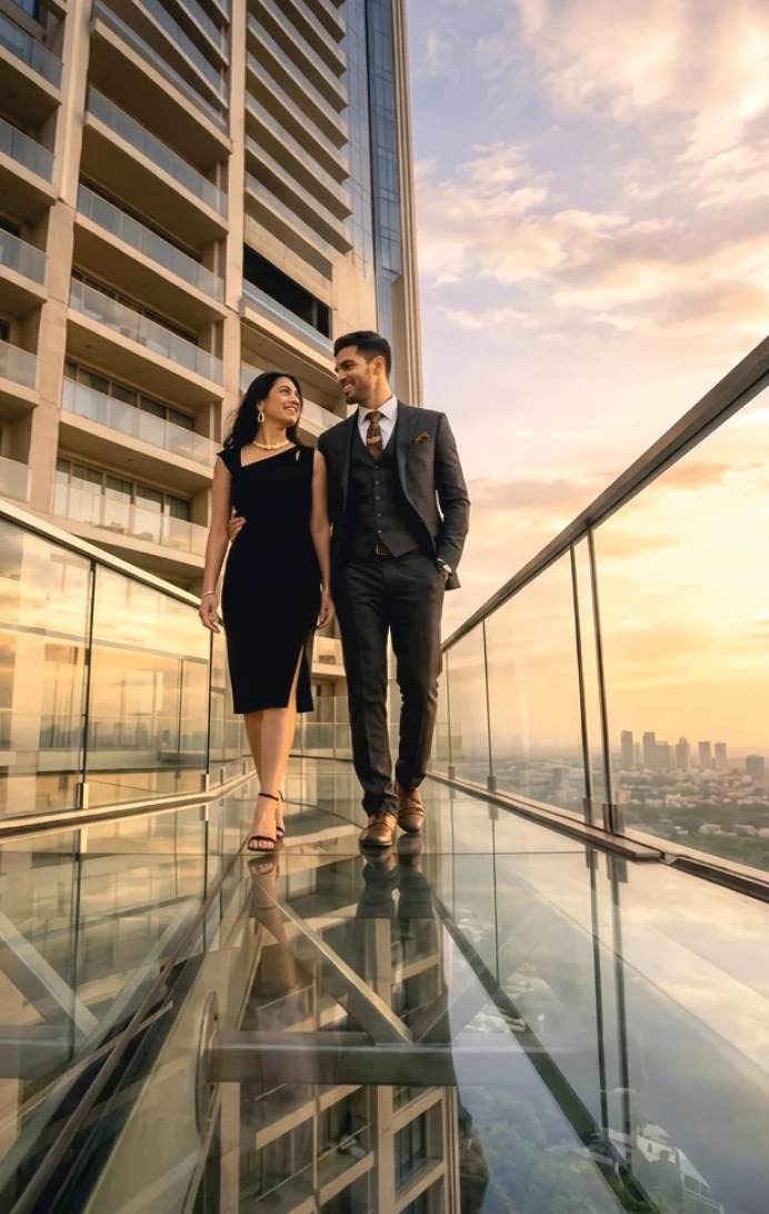 Couple walking on the elevated glass Sky Walk at Atlantis Heights